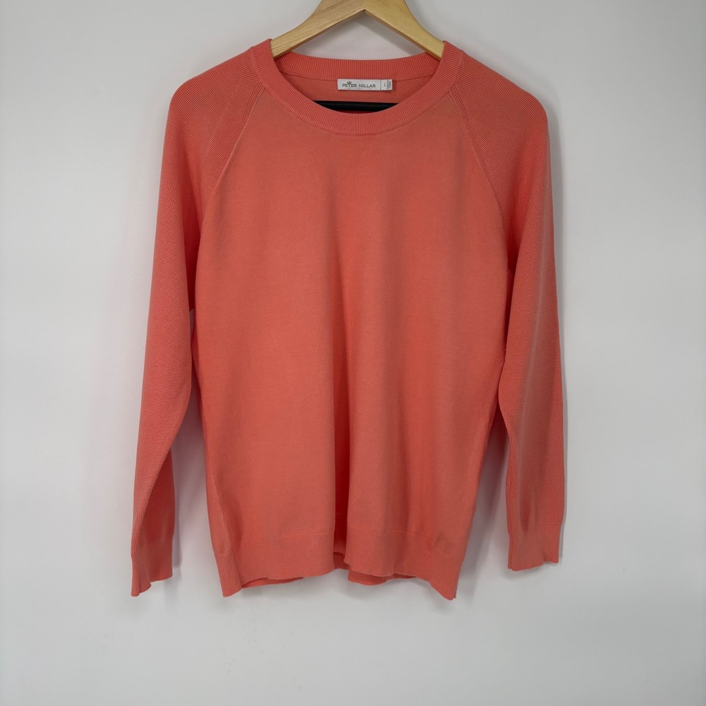 Peter Millar Womens Crewneck Raglan Textured Knit Sweater L Coral Orange Golf
